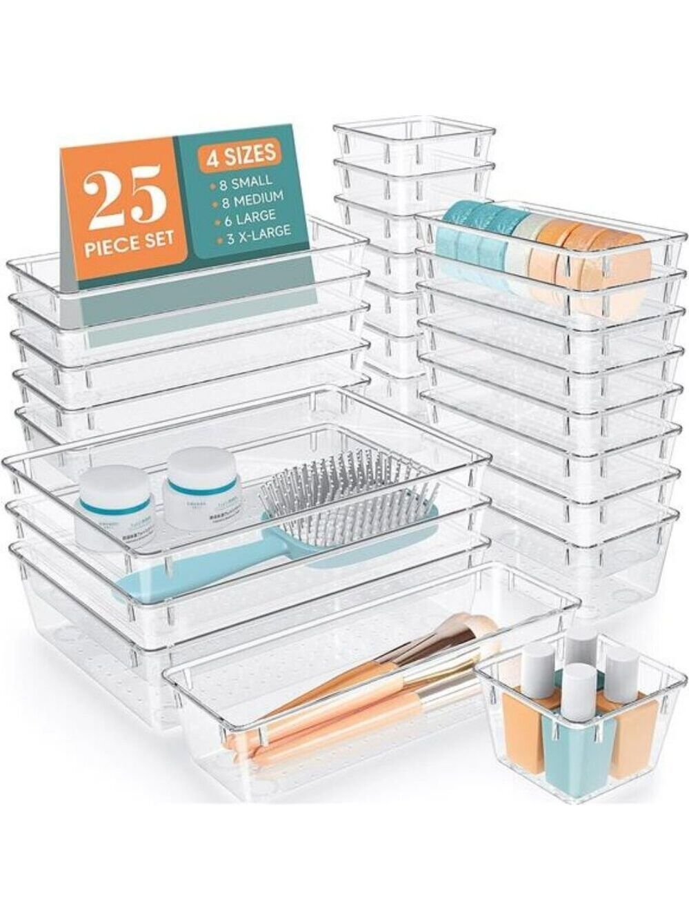 Clear Plastic Drawer Organizer Set Storage Bins Makeup Office Bathroom
